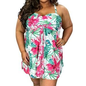 Nicole Miller Floral Twisted Bandeau Swim Dress Suit Plus Size 2X‎ 3X New